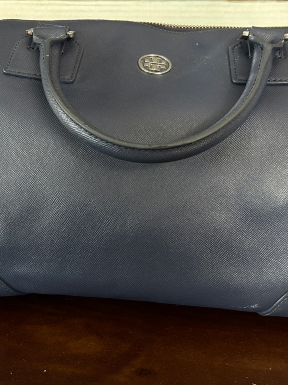 Tory BurchNavy Saffiano Satchel with Top Handles